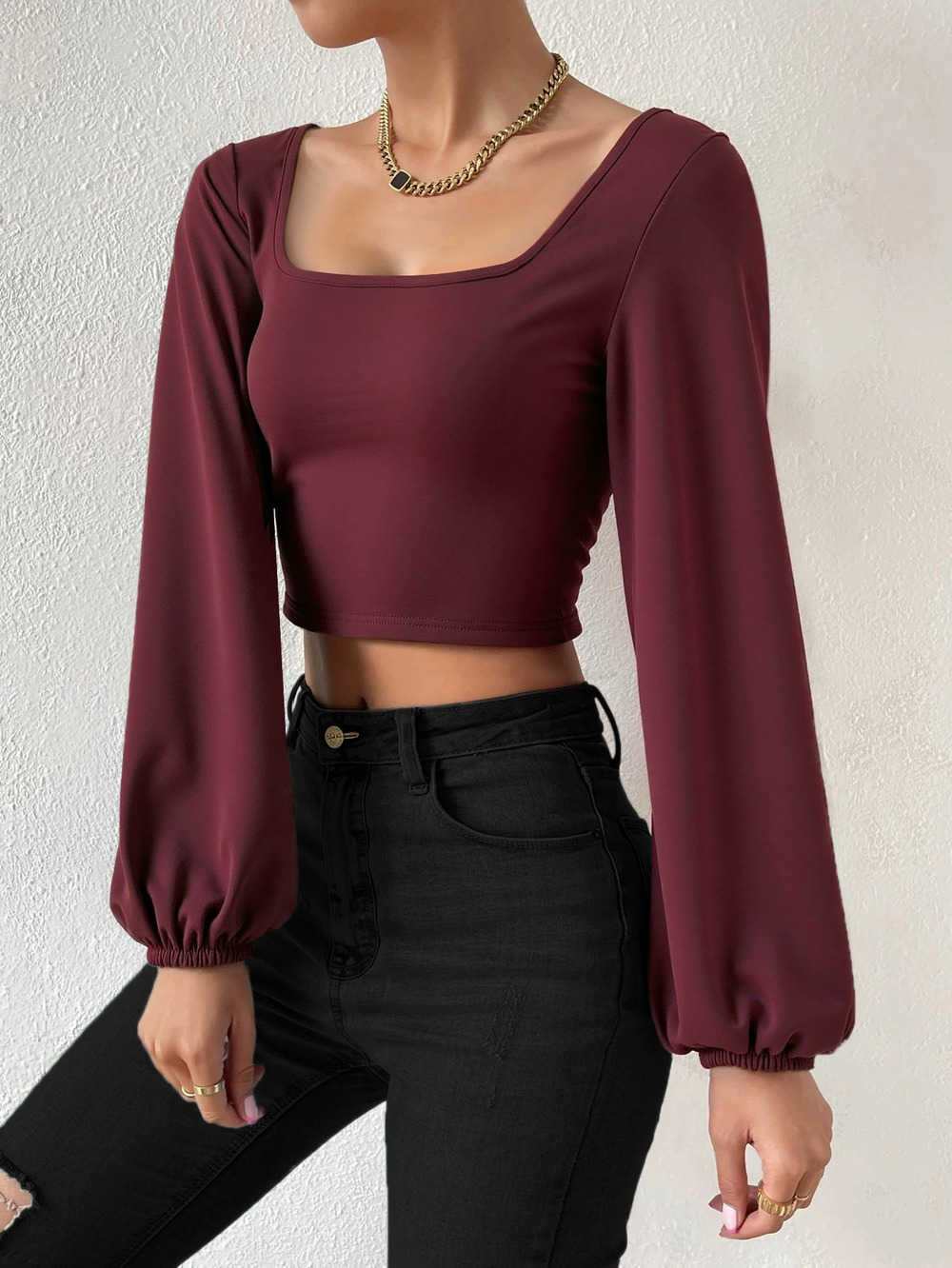 ZARA Wine Red Square Neck Short Knit Top Retro Lantern Sleeve Slim Spring